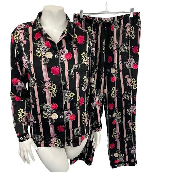 Victoria's Secret Women's Floral Satin Pj Pajama Set Shirt Pants Sz Medium Black - Picture 1 of 15